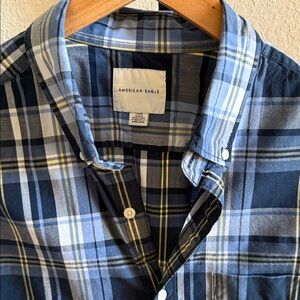 American Eagle Outfitters Men's Navy and Light Blue Plaid Shirt